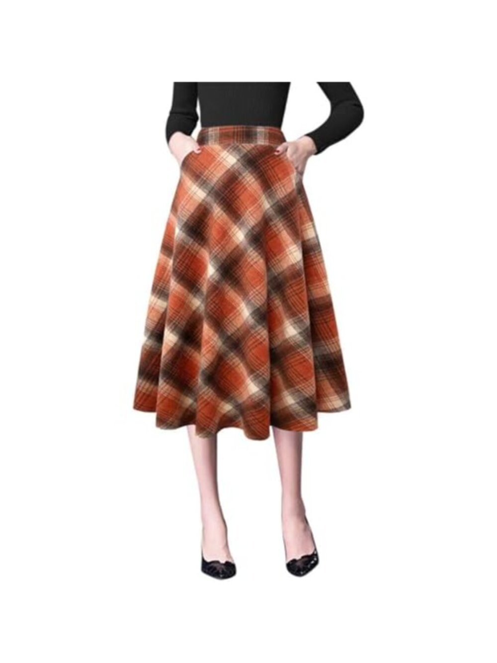 Plaid Wool Blend Midi Skirt High Waist A-Line Pleated